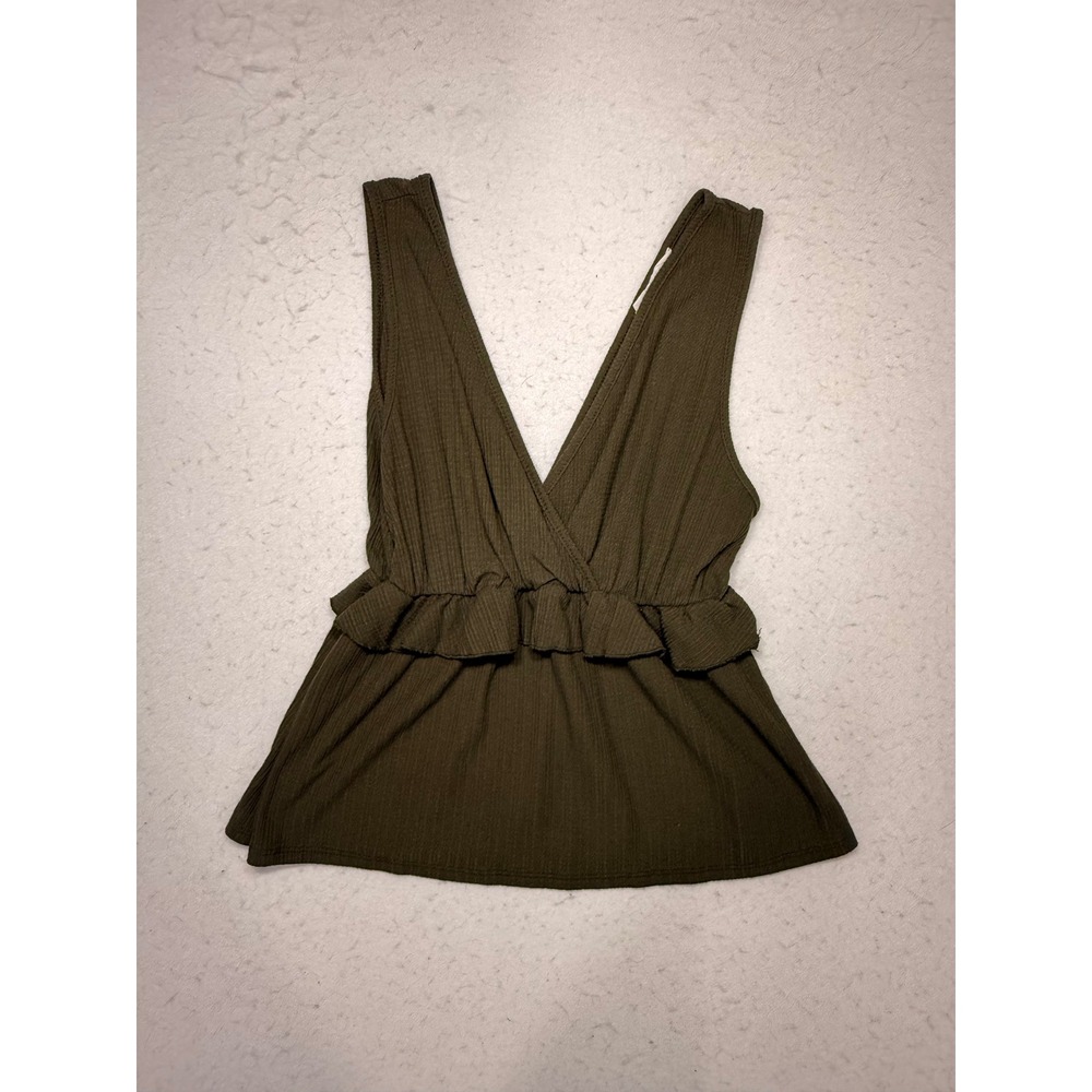 Womens Olive Green Ribbed V-Neck Peplum Wrap Top Sleeveless Ruffle Waist Blouse